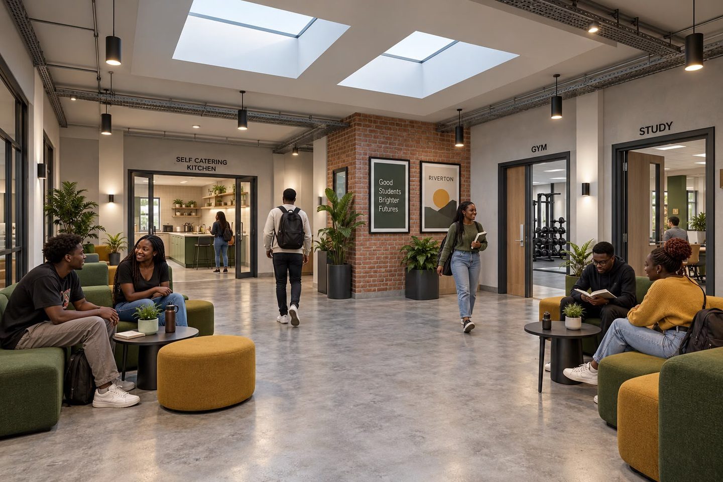 People sitting and walking through a skylit communal hall, with seating beside the doors to shared rooms.