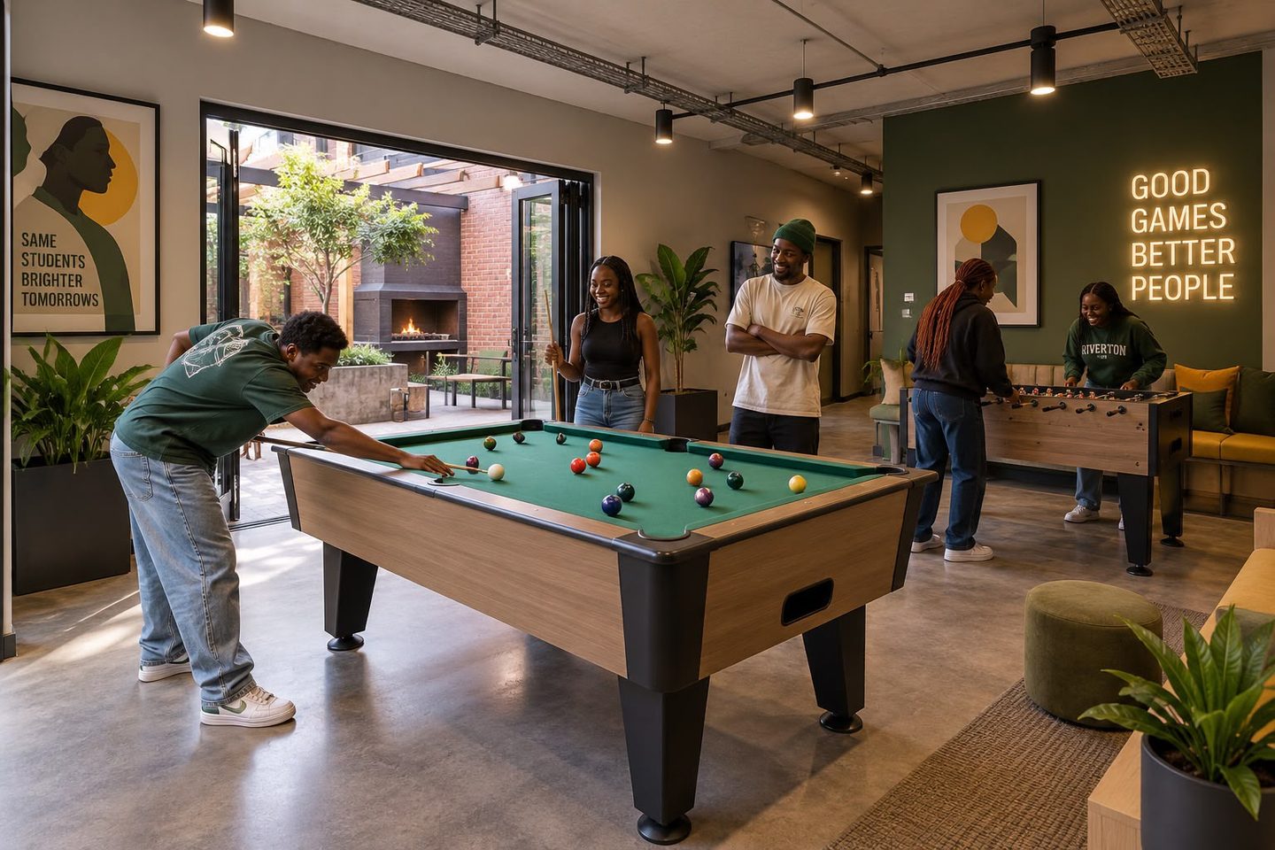 People playing pool and table football in an indoor games room with doors opening to an outdoor seating area.