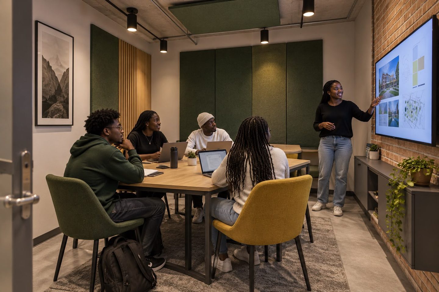 A group gathered around a study table while one person presents on a wall-mounted screen.