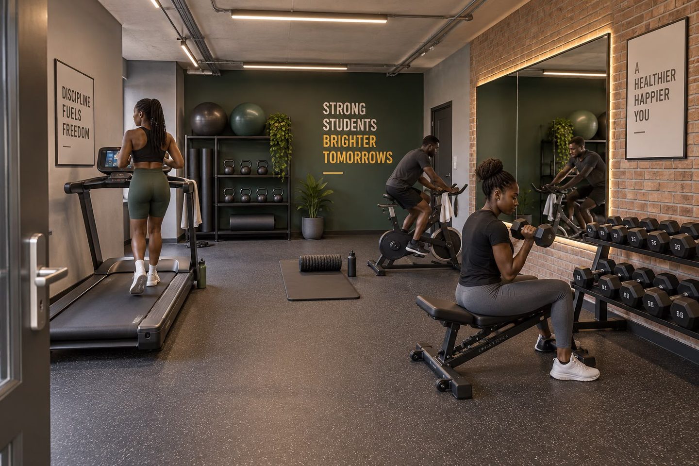 People using exercise bikes and weights in a gym with a mirrored wall and large windows.