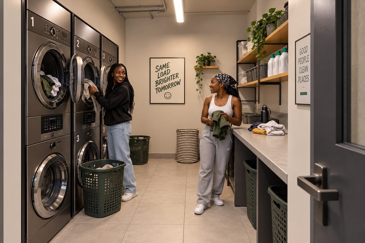 Two people beside stacked washing machines and a folding counter in a shared laundry room.