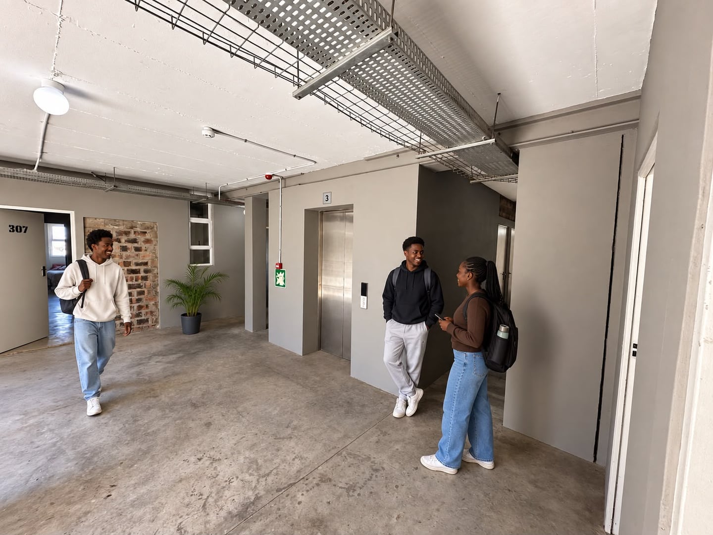 People beside closed metal lift doors in an apartment passage, with grey walls and a potted palm.