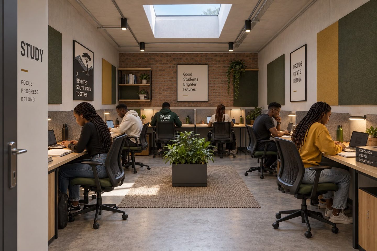 People working separately at wall-facing desks with task lights beneath skylights in a study room.