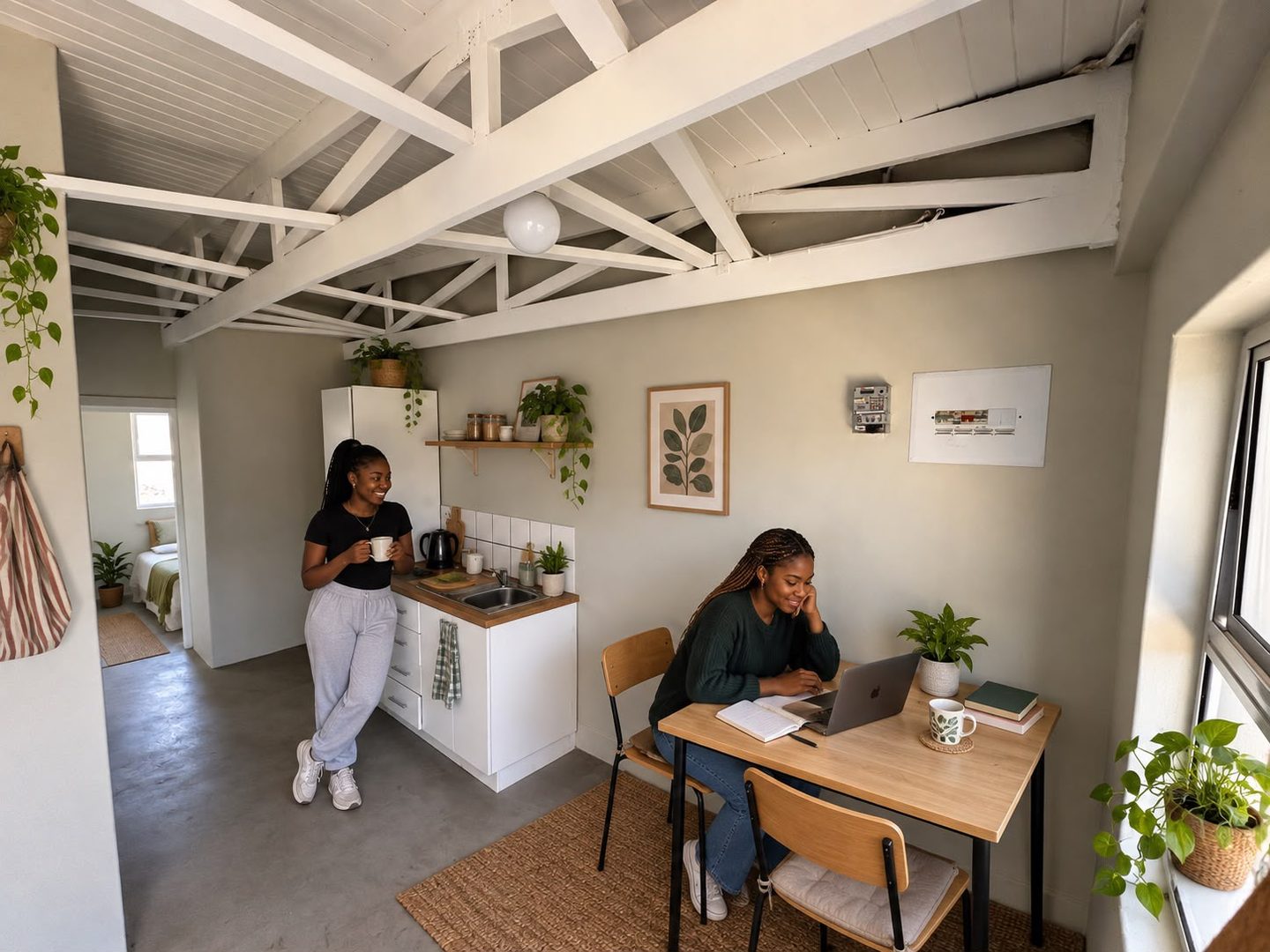 An apartment kitchen and workspace beneath white roof beams, with one person at the counter and another using a laptop at the table.