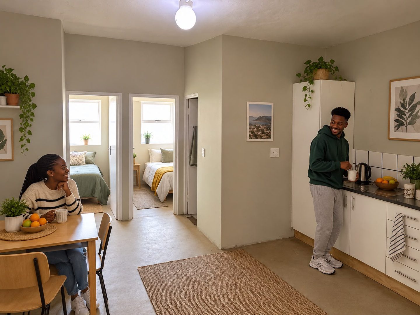 Two people in an apartment kitchen and dining area, with bedrooms visible through open doorways.