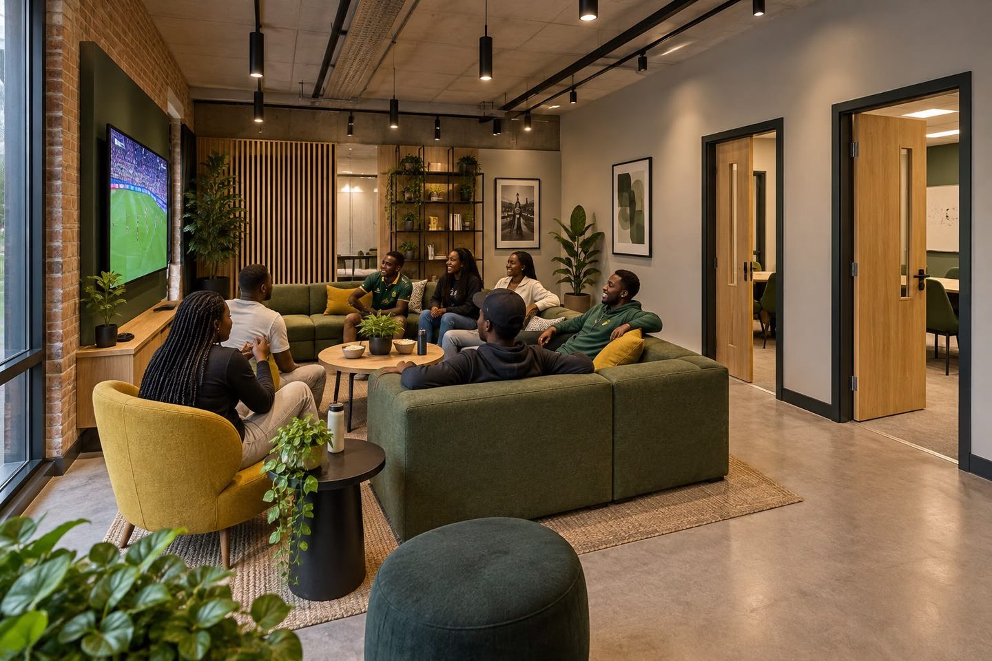 People sitting on green sofas and armchairs in a shared lounge with a football match on the television.